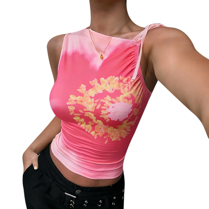 Ladies fitted tank top with floral pattern and fine ruffle details Lune London