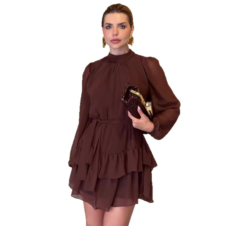 Women's Flowing Mini Dress with Ruffle Flounces and Elastic Waistbelt Lisslune