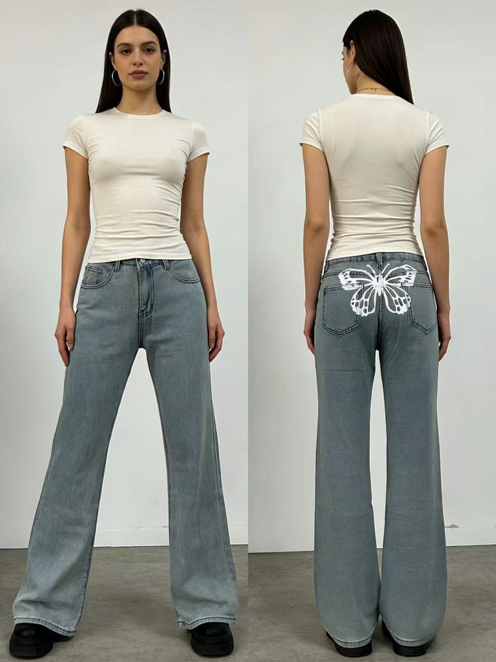 Damen Weite Jeans mit kunstvollem Schmetterlingsdesign Lisslune