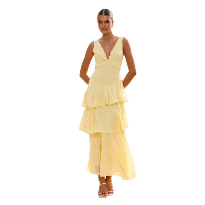 Women's Elegant Maxi Dress with Ruffles and Deep V-Neck