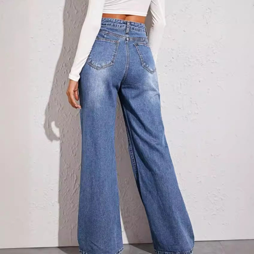 Damen weit geschnittene High-Waist Jeans im casual Look Lisslune