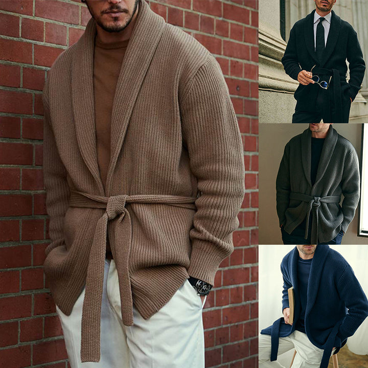 Men's stylish knit cardigan with belt and deep collar Lisslune