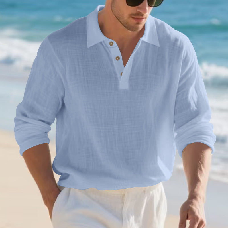 Men's long-sleeved Henley shirt with fashionable collar and decorative button details Lisslune