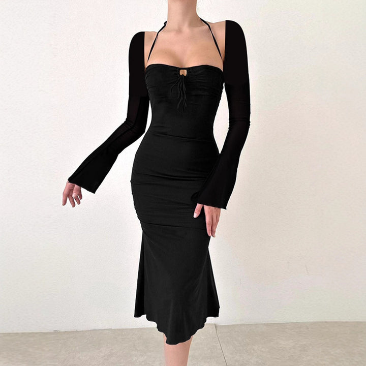 Ladies fitted elegant dress with long sleeves and sophisticated neckline