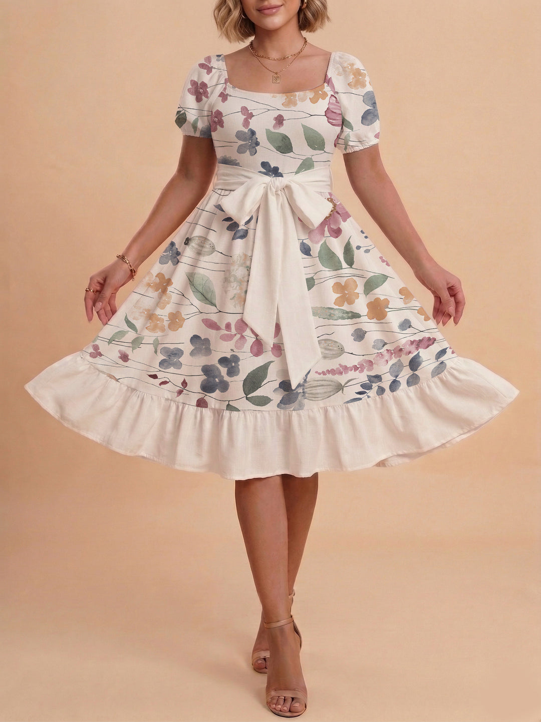 Women's floral dress with adjustable belt and voluminous sleeves Lisslune