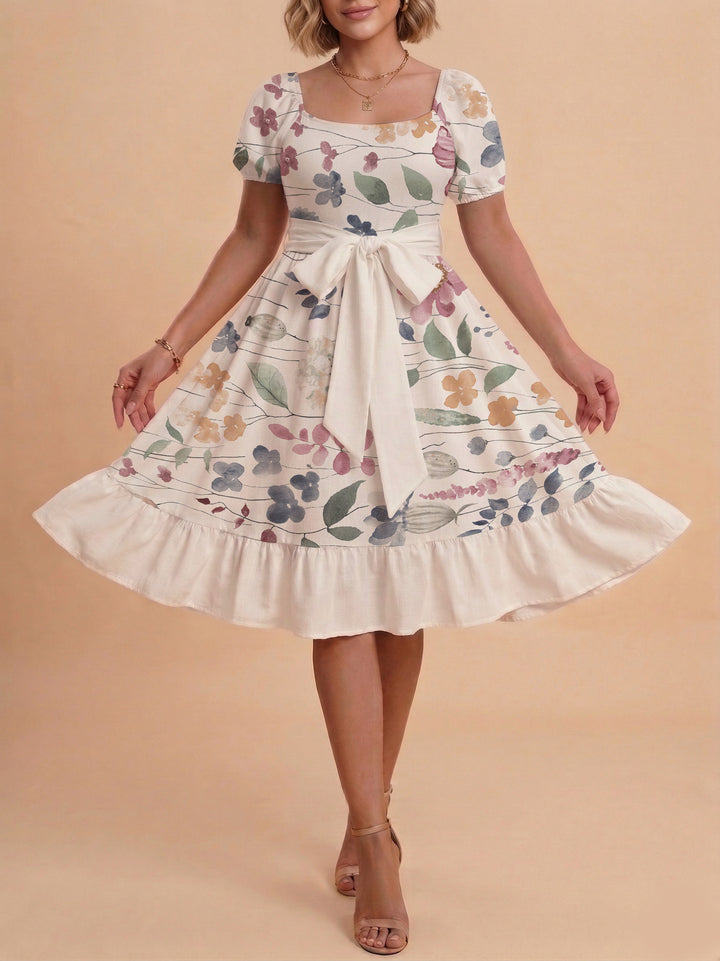 Women's floral dress with adjustable belt and voluminous sleeves Lisslune