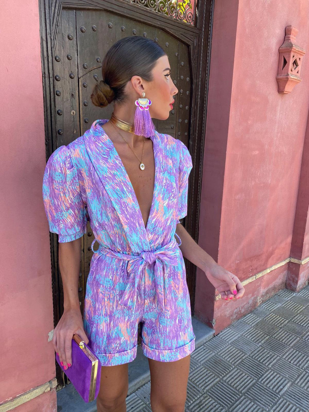 Women Elegant Jumpsuit with Deep V-Neck and Buttonable Belt Lisslune