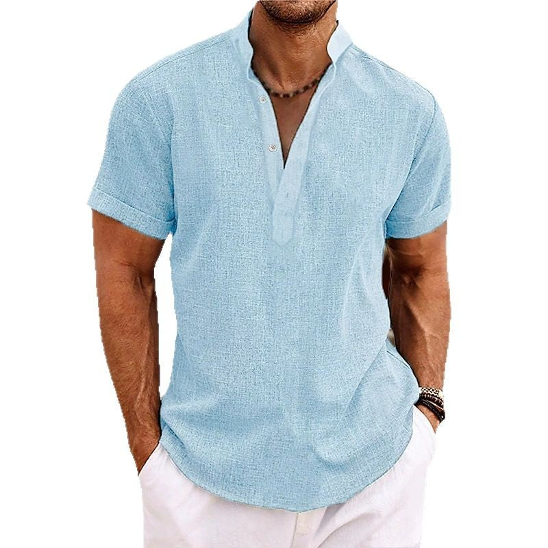 Men's short-sleeve shirt with modern stand-up collar and textured fabric Lisslune