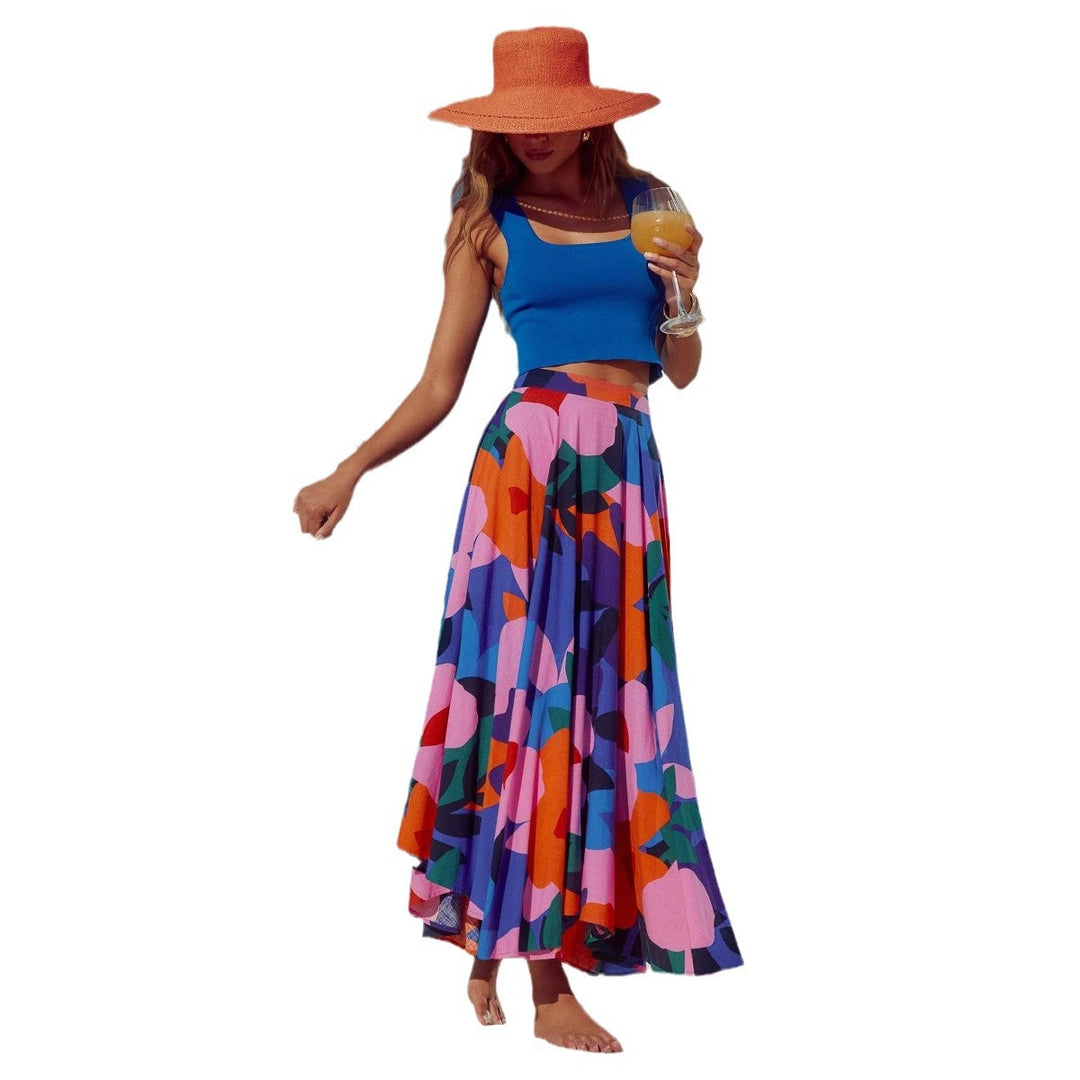 Women's maxi skirt with colorful floral design and flowing fall