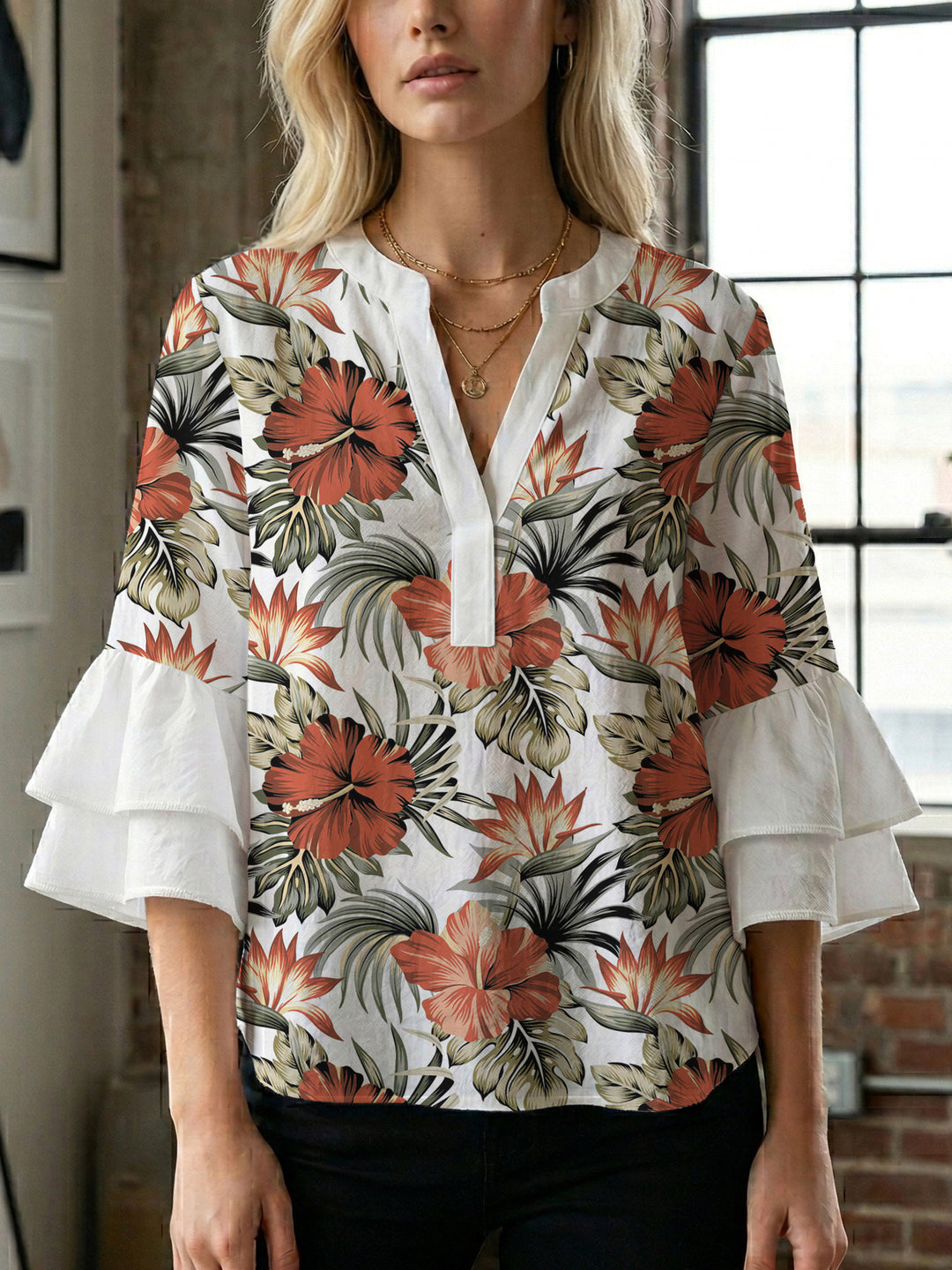 Women's casual blouse with ruffled sleeves and botanical print Lisslune