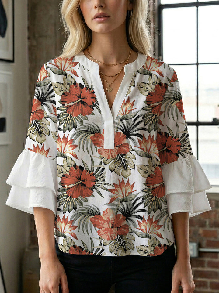 Women's casual blouse with ruffled sleeves and botanical print Lisslune