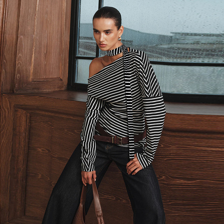 Women's asymmetrical long sleeve shirt with fashionable stripes and halter neck Lune London