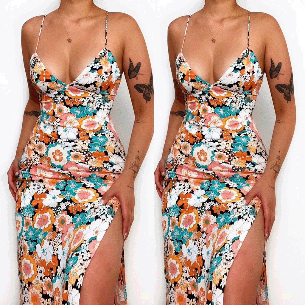 Ladies maxi dress with deep V-neck and side slit Lune London