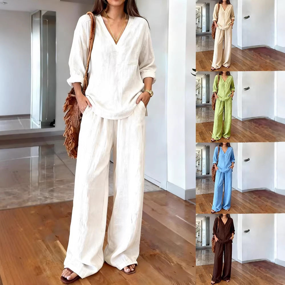Women's Casual Linen Top and Wide Palazzo Pants Set Lisslune