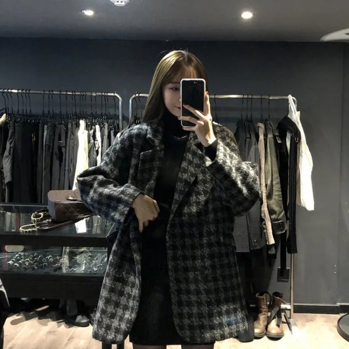 Women Oversized Check Coat with Double Button Placket Lisslune