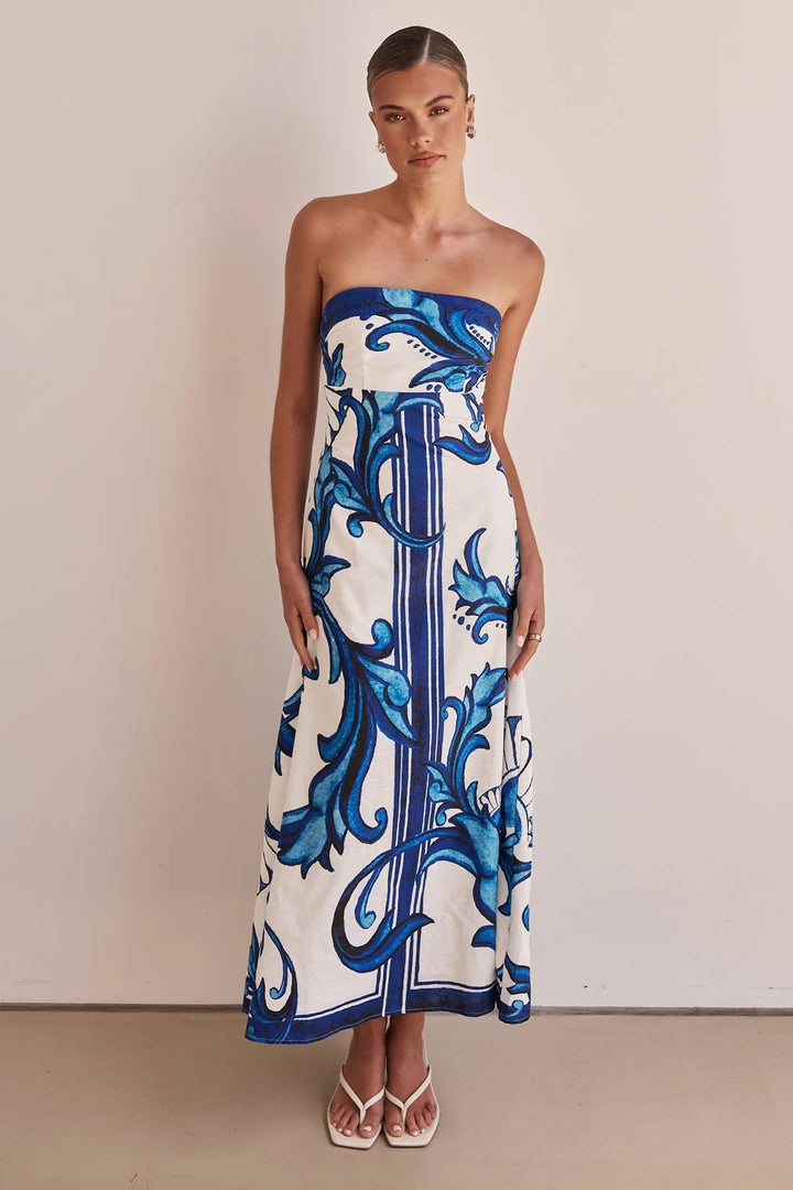 Women’s Strapless Maxi Dress with Floral Design and Elegant A-Line Cut