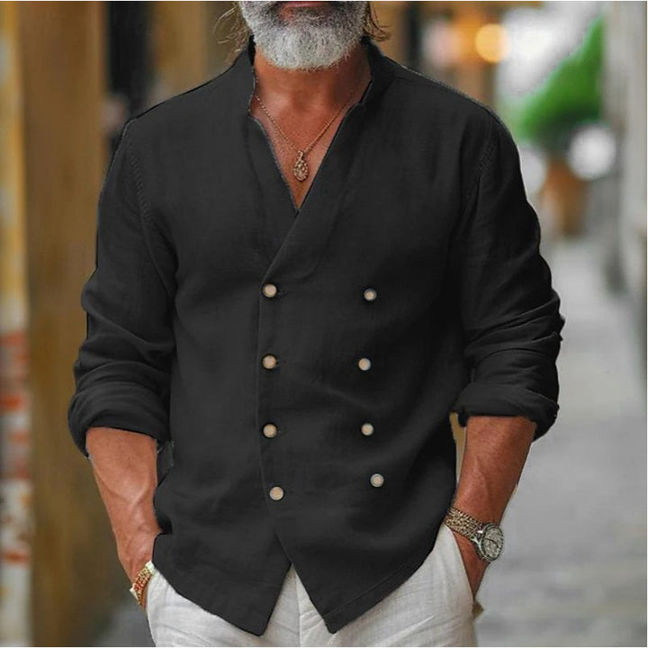 Men's linen shirt with double button placket and trendy standing collar Lisslune