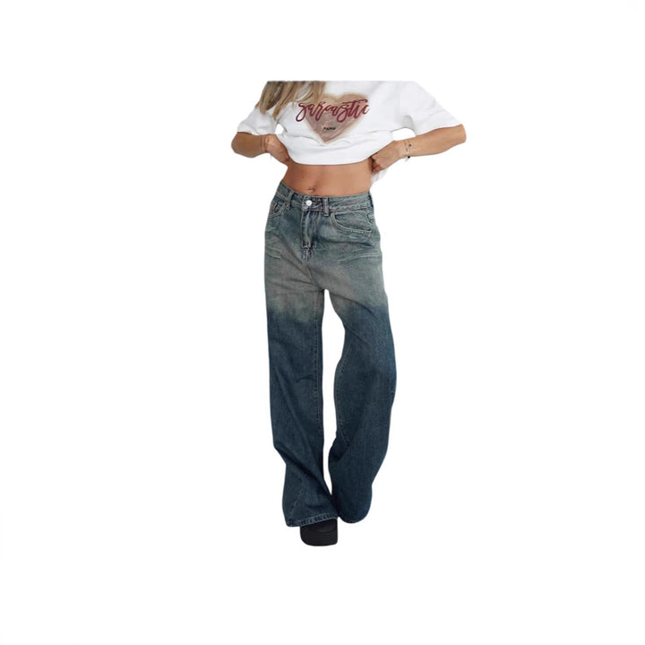 Women's loose high-waist jeans with trendy gradient and wide leg Lisslune