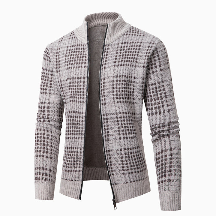 Men's fashionable cardigan with modern check pattern and high collar Lisslune