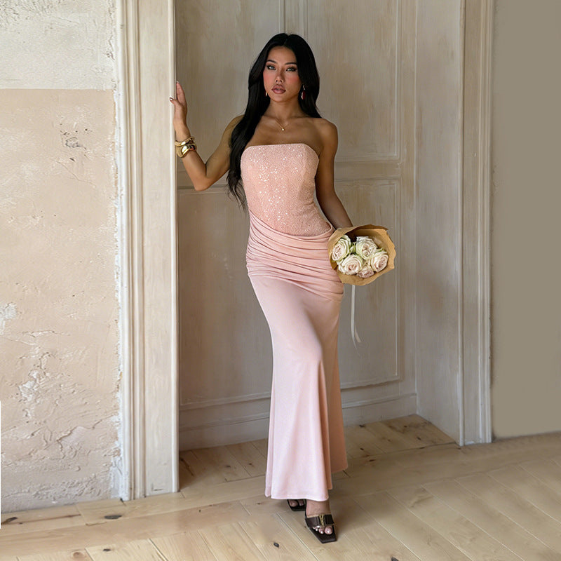 Women Elegant Long Evening Dress with Figure-Flattering Ruffle Design and Shimmering Sequins