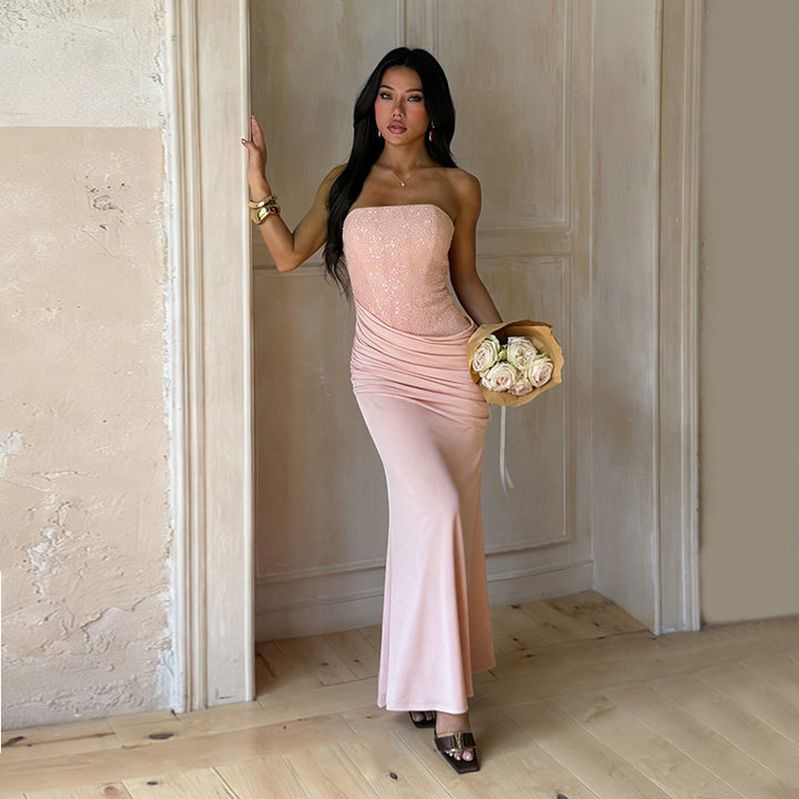 Women Elegant Long Evening Dress with Figure-Flattering Ruffle Design and Shimmering Sequins