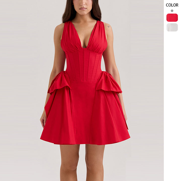 Women's evening dress with deep V-neck and voluminous ruffle design Lisslune