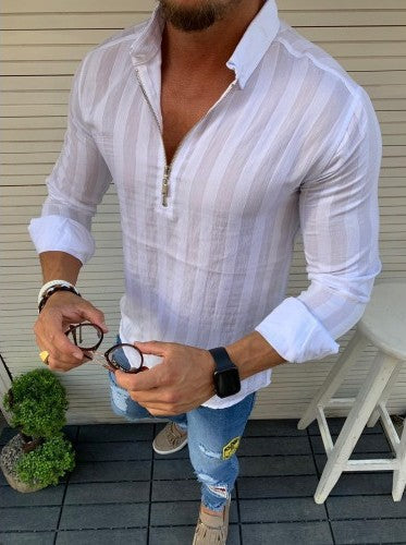 Men's long sleeve shirt with modern zipper and fine stripe pattern Lisslune