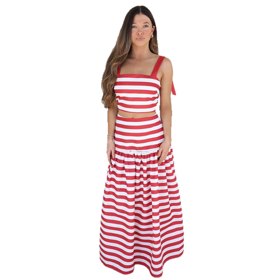 Women's Two-Piece Striped Top and Maxi Skirt Set with Playful Ruffle Detail Lisslune
