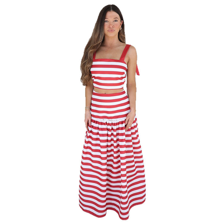 Women's Two-Piece Striped Top and Maxi Skirt Set with Playful Ruffle Detail Lisslune