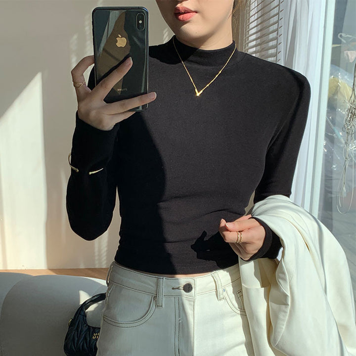 Women's Long Sleeve Crop Top with High Collar and Fitted Cut