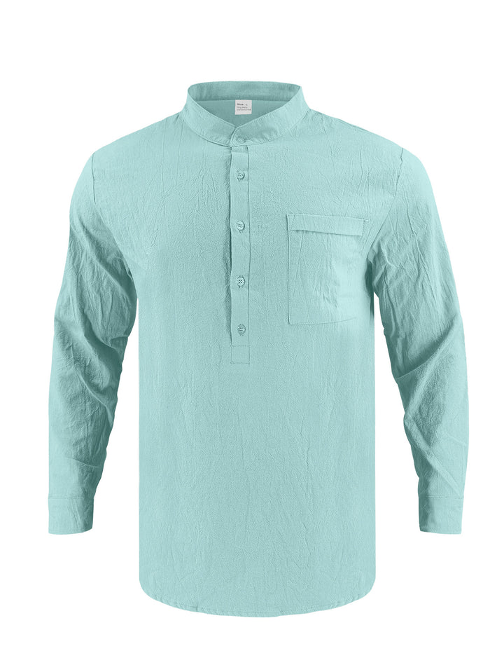 Men's Casual Long Sleeve Shirt with Stand-Up Collar and Practical Chest Pocket Lisslune