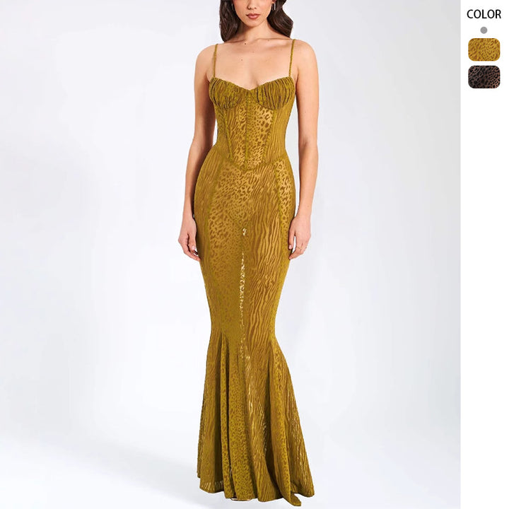 Women's Elegant Bodycon Maxi Dress with Refined Bustier Top and Flared Hem