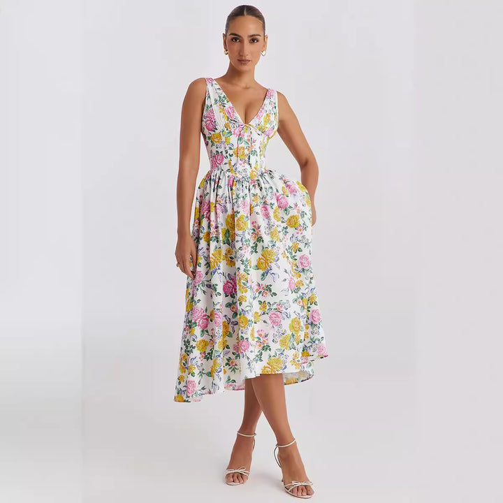 Ladies midi dress with floral accents and fitted top