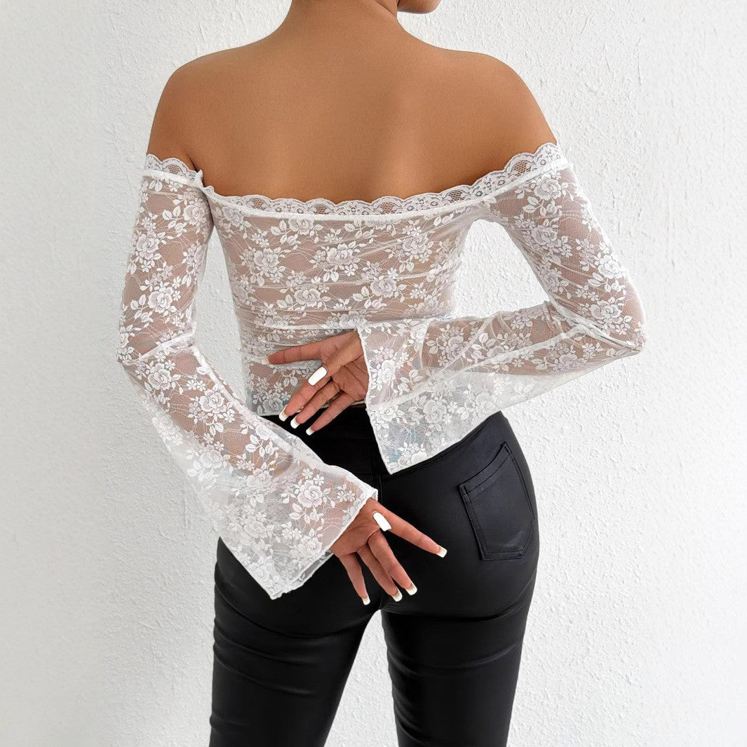 Damen Spitzenoberteil mit schulterfreiem Design und eleganten Trompetenärmeln Lisslune