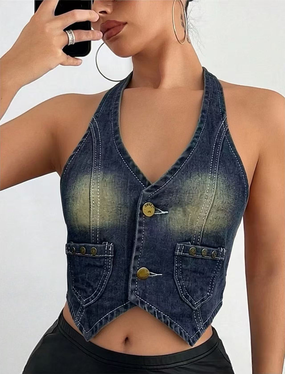 Women Denim Bustier Jacket with Button Details and Patches Lisslune
