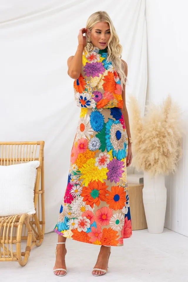 Ladies summer maxi dress with floral accents and elegant cut