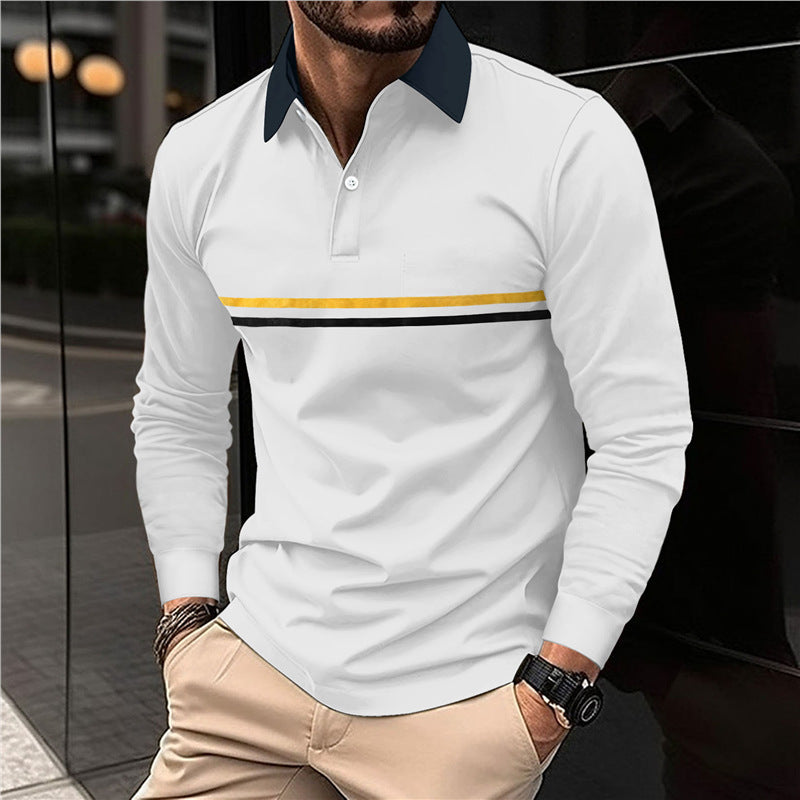 Men's Long Sleeve Polo Shirt with Modern Stripe Pattern Lisslune