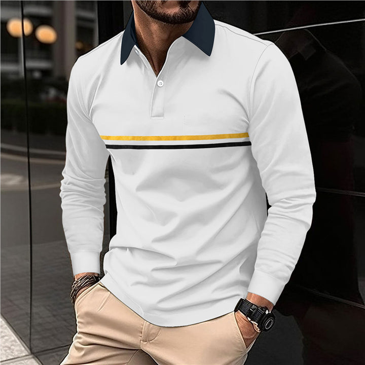 Men's Long Sleeve Polo Shirt with Modern Stripe Pattern Lisslune