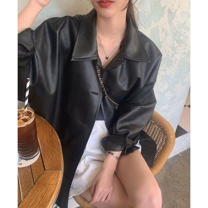 Women's fashionable leather jacket in oversized style with classic collar and decorative buttons Lisslune