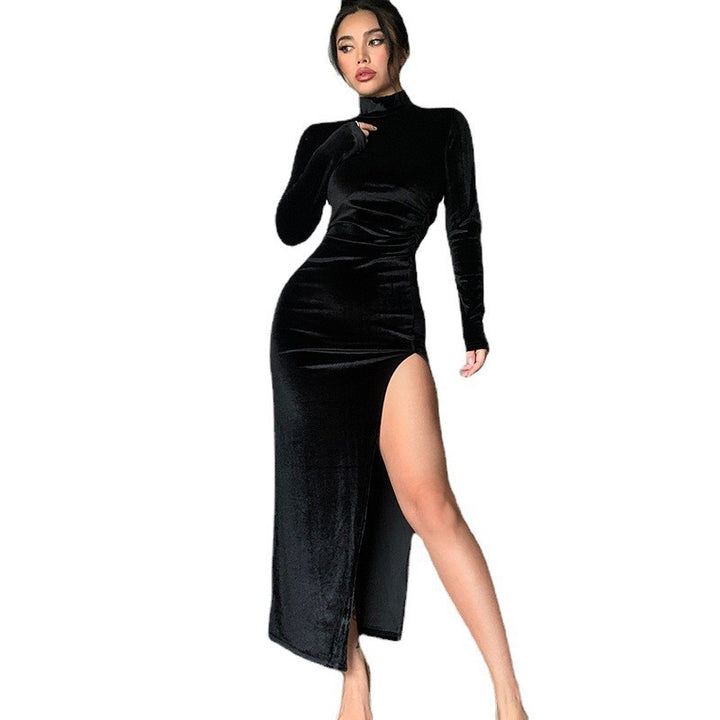 Damen Elegantes Samt-Maxi-Kleid mit hohem Schlitz und Stehkragen Lisslune