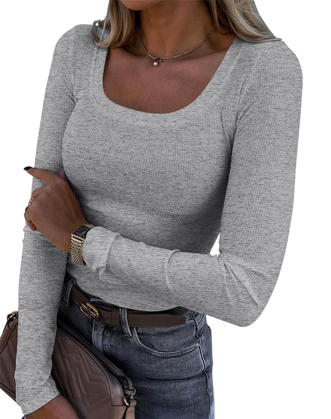 Women’s Long Sleeve Ribbed T-Shirt with Elegant Boat Neck Lisslune
