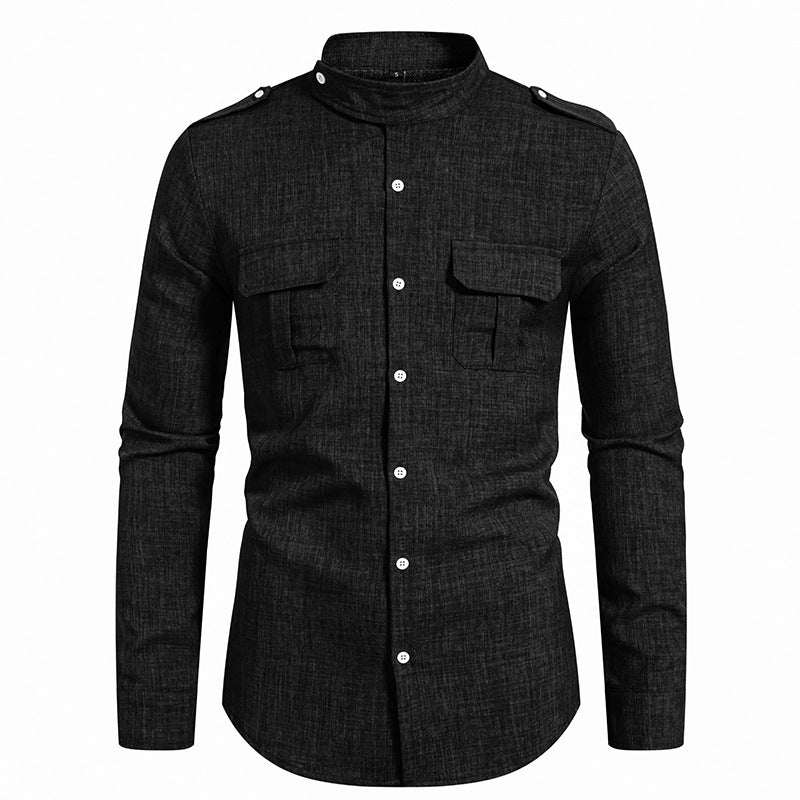 Men's long-sleeved shirt with two practical chest pockets and modern stand-up collar Lisslune