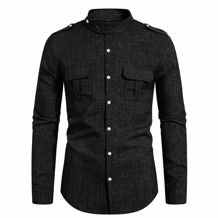 Men's long-sleeved shirt with two practical chest pockets and modern stand-up collar Lisslune