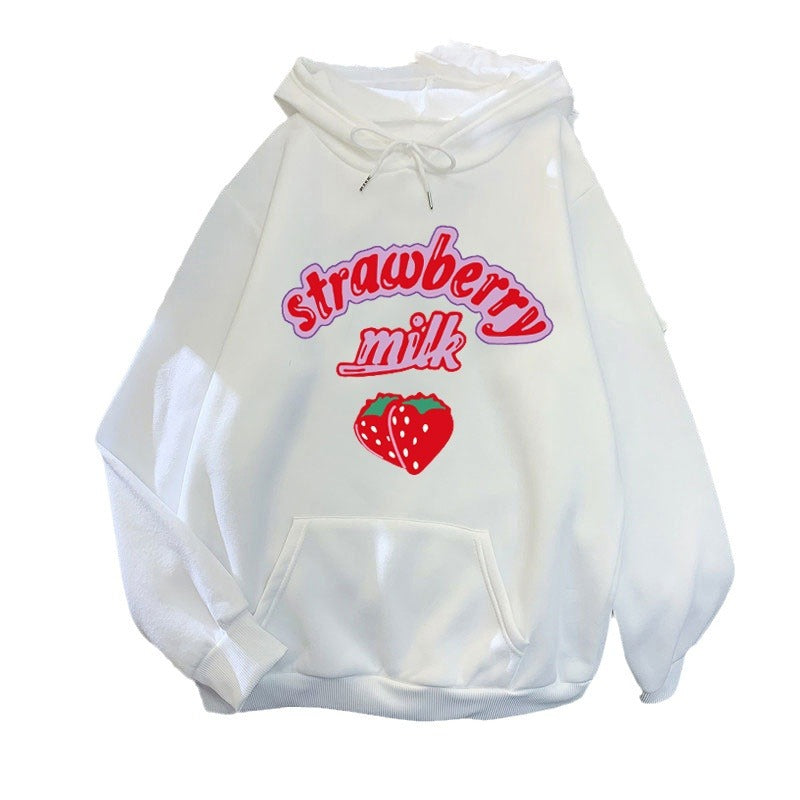 Ladies hooded sweatshirt with cheerful strawberry milk design Lisslune
