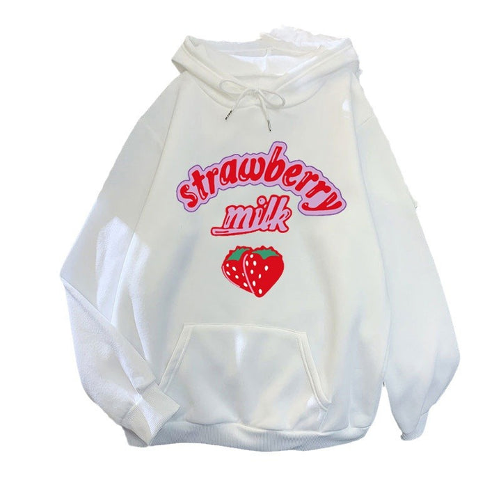 Ladies hooded sweatshirt with cheerful strawberry milk design Lisslune