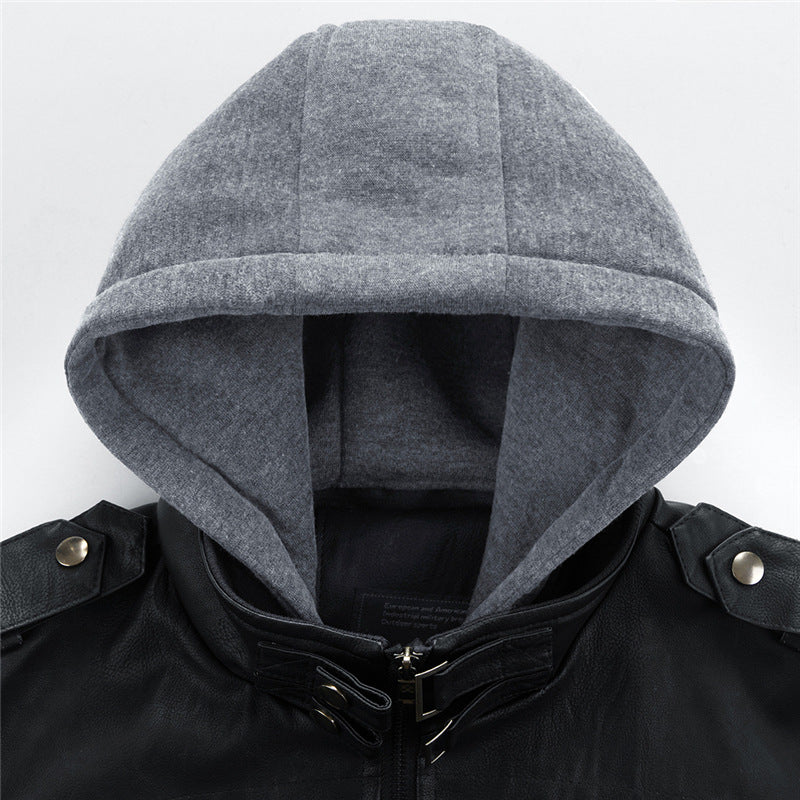 Men's Leather Jacket with Integrated Hood and Practical Pockets Lisslune