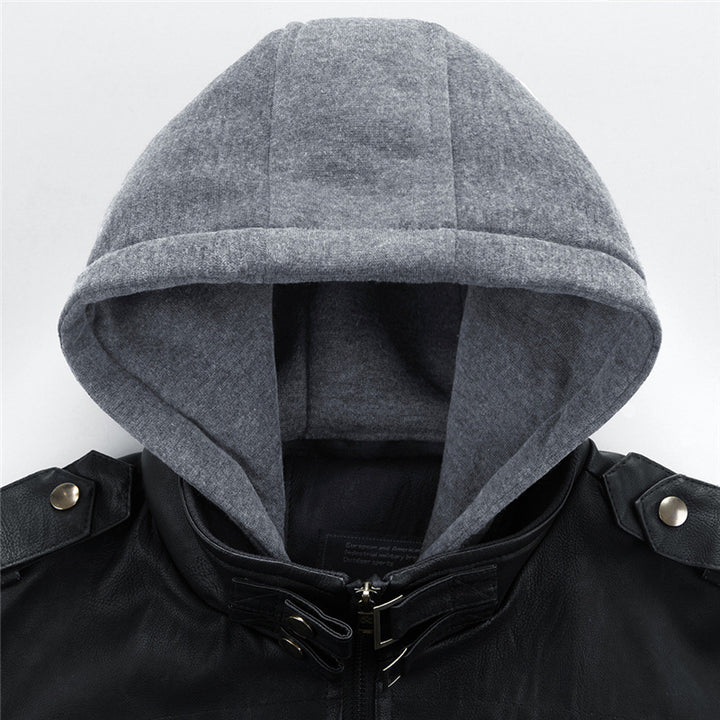 Men's Leather Jacket with Integrated Hood and Practical Pockets Lisslune