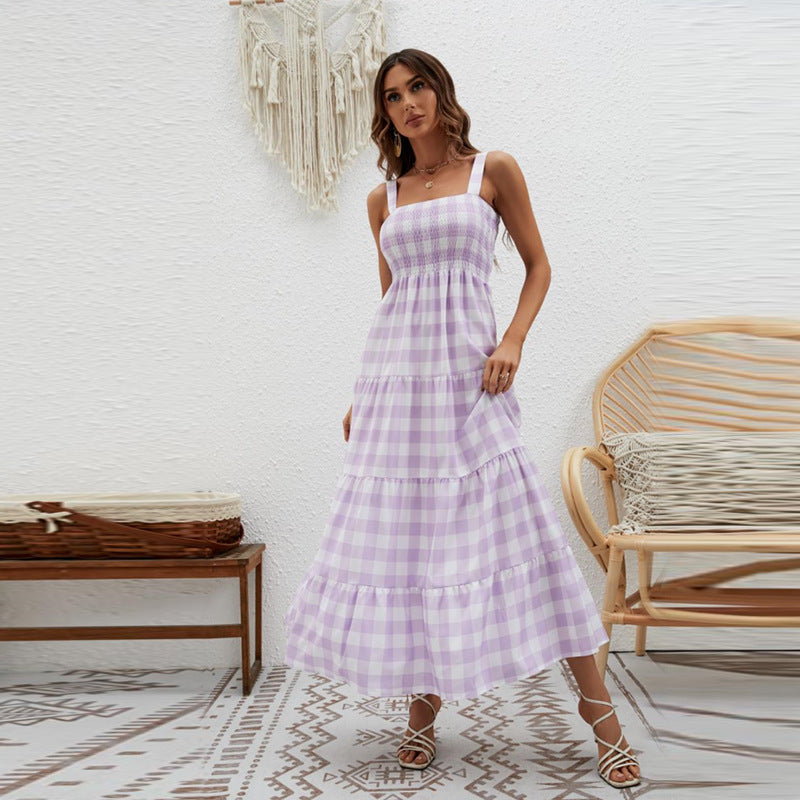 Women's Boho Maxi Dress with Airy Ruffle Details and Slim Spaghetti Straps