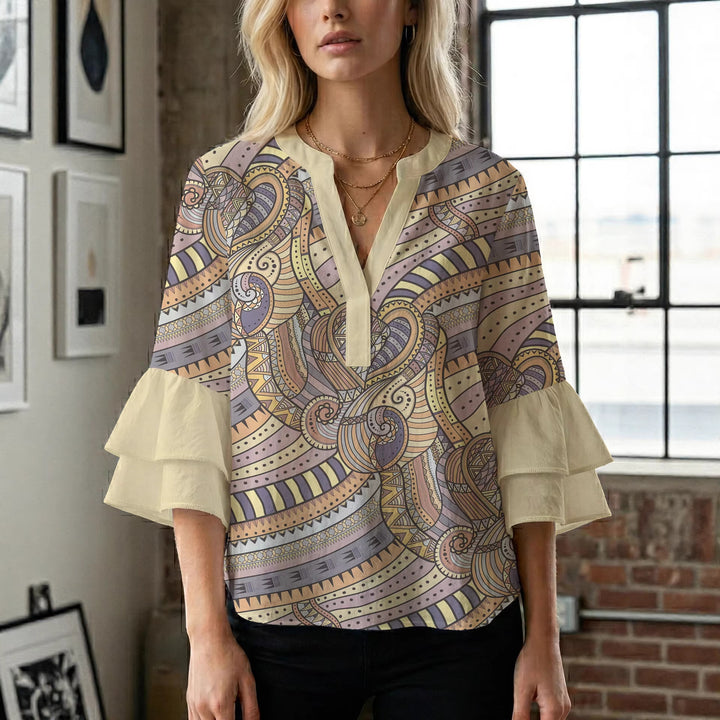 Ladies elegant top with voluminous ruffle hems and floral design Lisslune