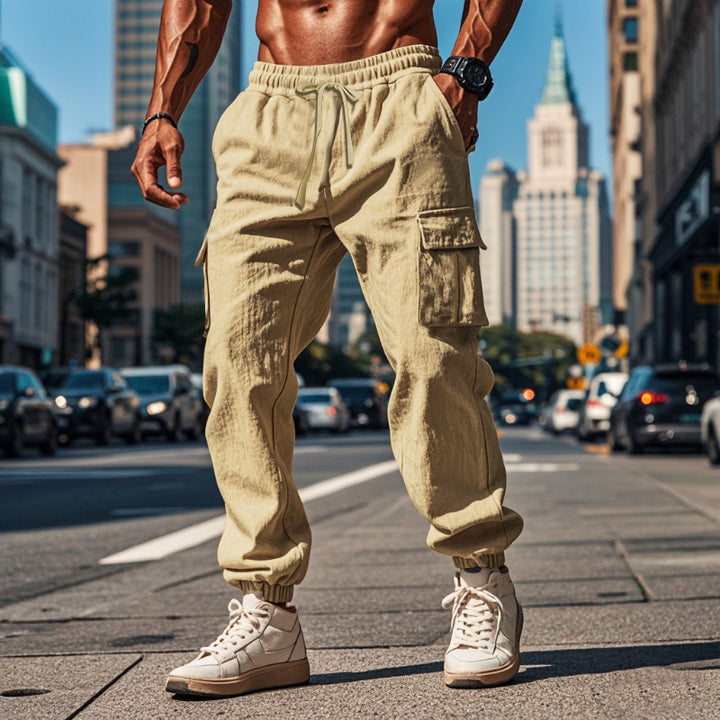 Men's cargo pants made of breathable linen blend with elastic waistband and practical side pockets Lisslune